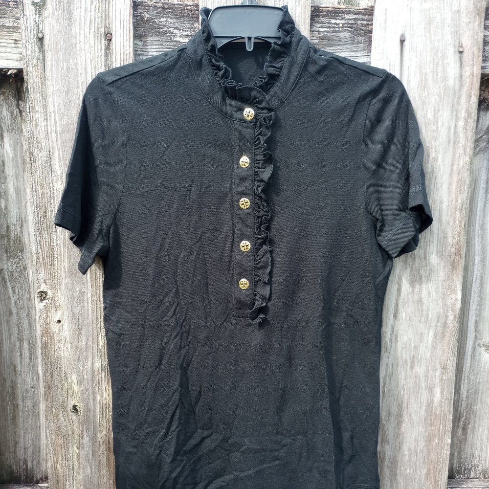 Tory Burch Emily ruffle black polo shirt top L